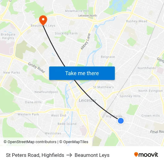 St Peters Road, Highfields to Beaumont Leys map