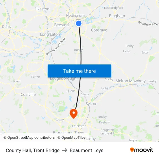 County Hall, Trent Bridge to Beaumont Leys map
