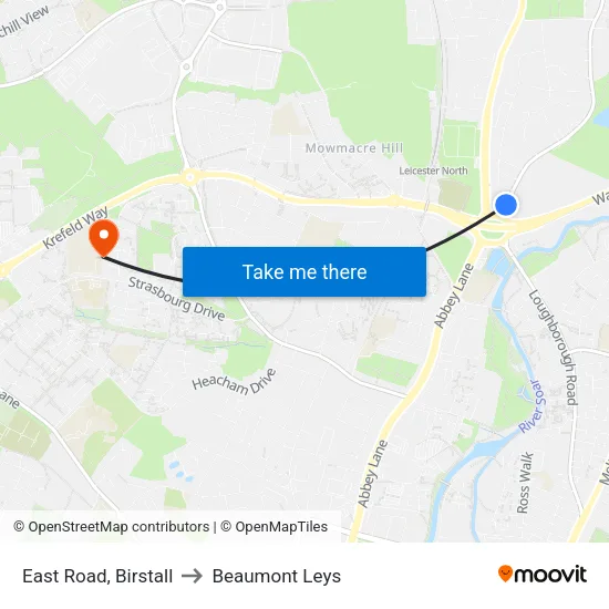 East Road, Birstall to Beaumont Leys map