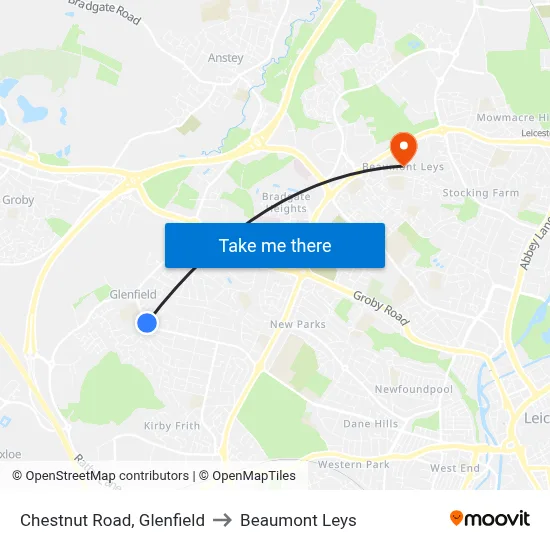 Chestnut Road, Glenfield to Beaumont Leys map
