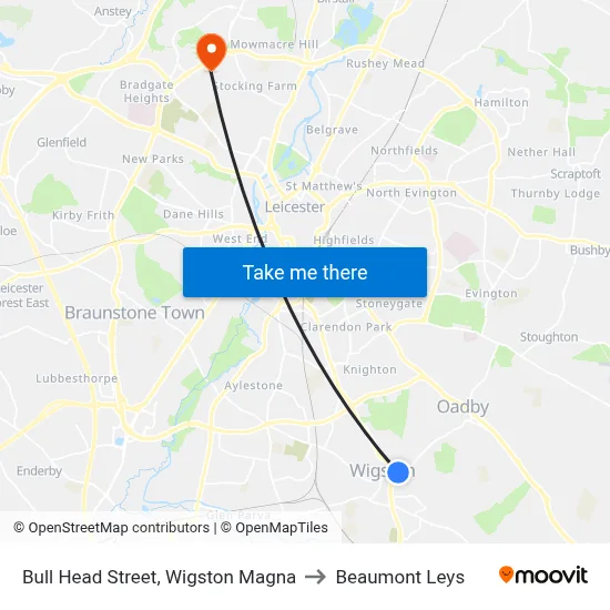 Bull Head Street, Wigston Magna to Beaumont Leys map