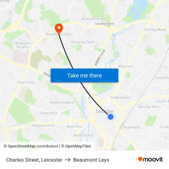 Charles Street, Leicester to Beaumont Leys map
