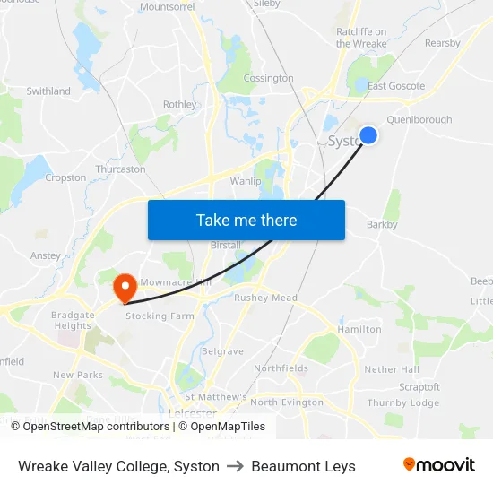 Wreake Valley College, Syston to Beaumont Leys map