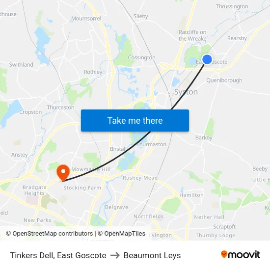Tinkers Dell, East Goscote to Beaumont Leys map