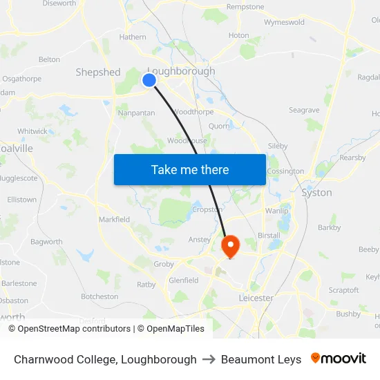 Charnwood College, Loughborough to Beaumont Leys map