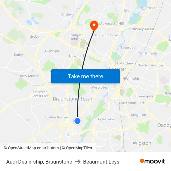Audi Dealership, Braunstone to Beaumont Leys map