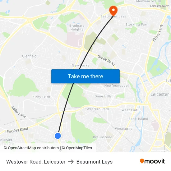 Westover Road, Leicester to Beaumont Leys map