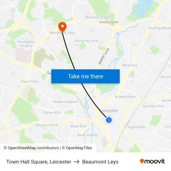 Town Hall Square, Leicester to Beaumont Leys map