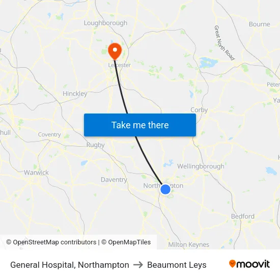 General Hospital, Northampton to Beaumont Leys map
