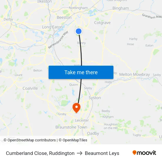 Cumberland Close, Ruddington to Beaumont Leys map