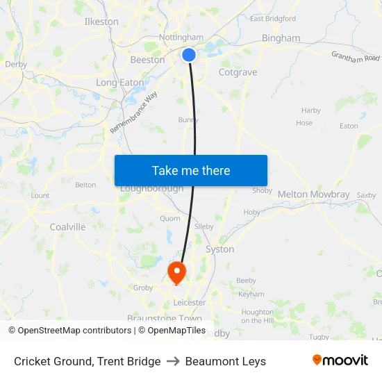 Cricket Ground, Trent Bridge to Beaumont Leys map