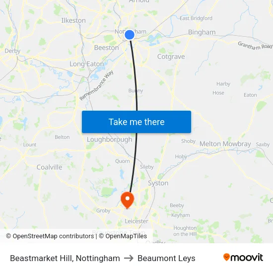 Beastmarket Hill, Nottingham to Beaumont Leys map