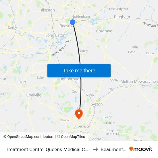 Treatment Centre, Queens Medical Centre (Qm20) to Beaumont Leys map