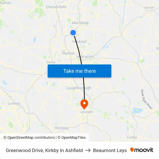 Greenwood Drive, Kirkby In Ashfield to Beaumont Leys map