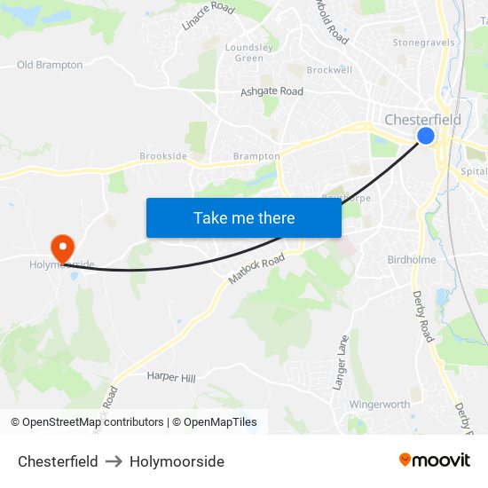 Chesterfield to Holymoorside map