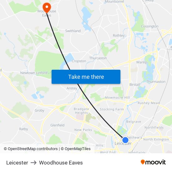 Leicester to Woodhouse Eaves map