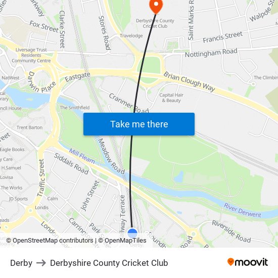 Derby to Derbyshire County Cricket Club map