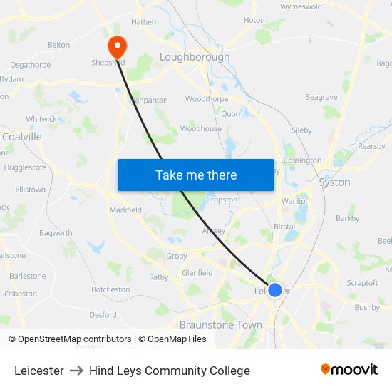 Leicester to Hind Leys Community College map