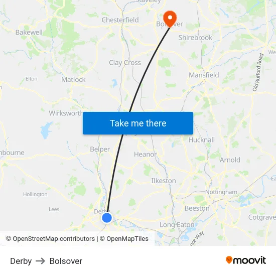 Derby to Bolsover map