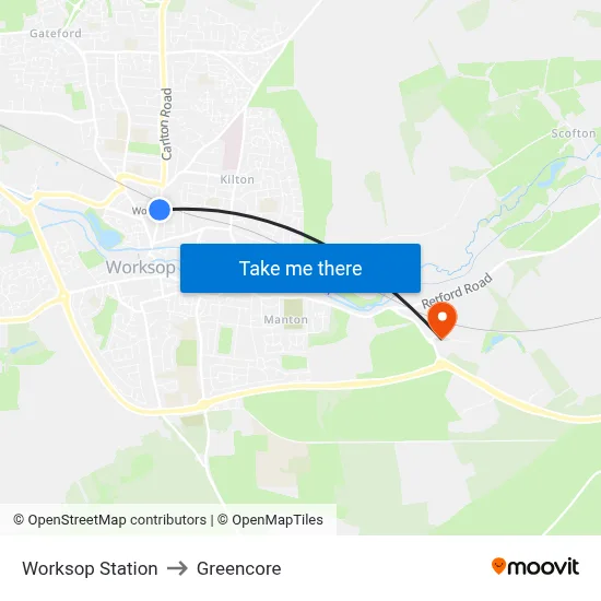 Worksop Station to Greencore map