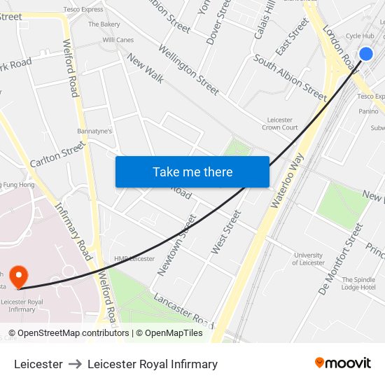 Leicester to Leicester Royal Infirmary map
