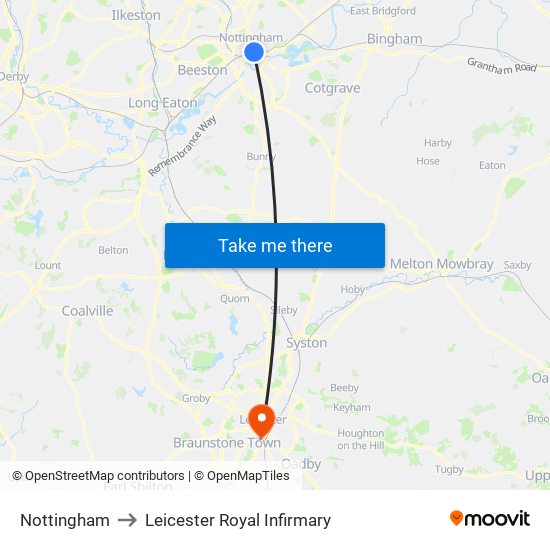 Nottingham to Leicester Royal Infirmary map