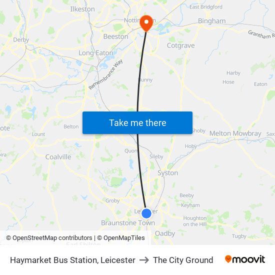 Haymarket Bus Station, Leicester to The City Ground map