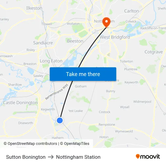 Sutton Bonington to Nottingham Station map