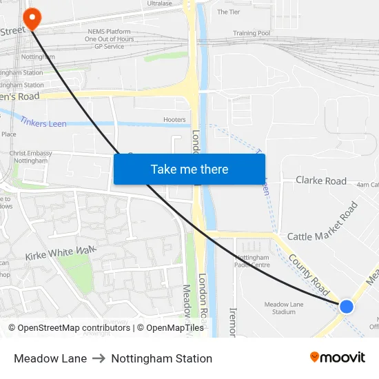 Meadow Lane to Nottingham Station map