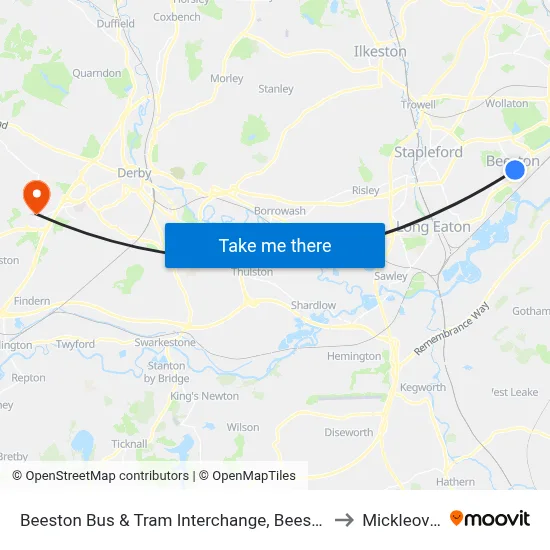 Beeston Bus & Tram Interchange, Beeston to Mickleover map