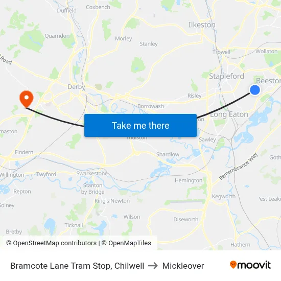 Bramcote Lane Tram Stop, Chilwell to Mickleover map