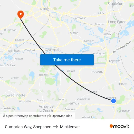 Cumbrian Way, Shepshed to Mickleover map