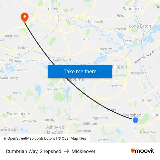 Cumbrian Way, Shepshed to Mickleover map