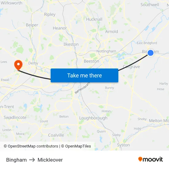 Bingham to Mickleover map