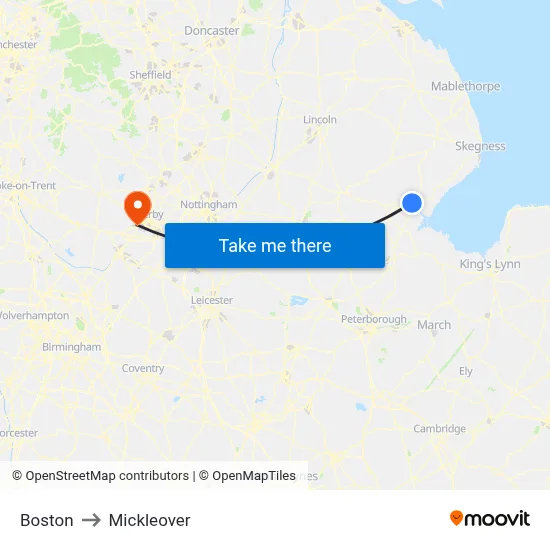 Boston to Mickleover map