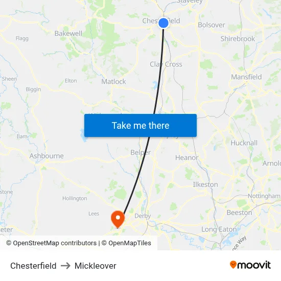 Chesterfield to Mickleover map