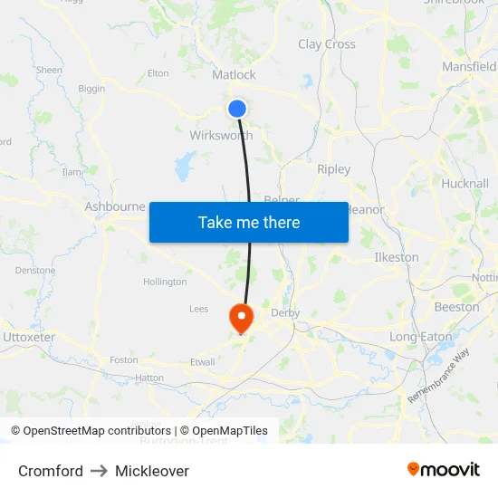 Cromford to Mickleover map