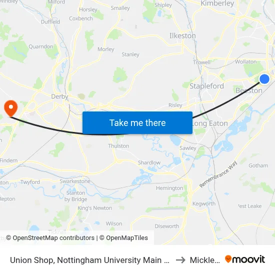 Union Shop, Nottingham University Main Campus (Un32) to Mickleover map