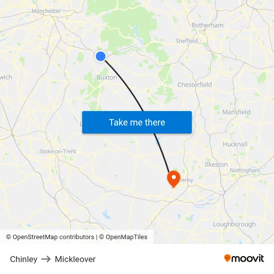 Chinley to Mickleover map