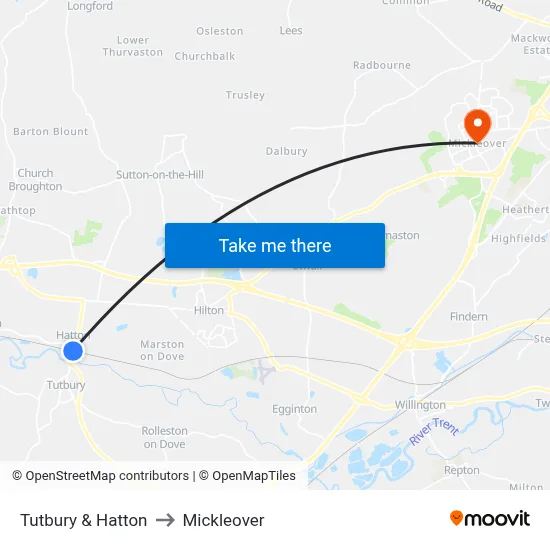 Tutbury & Hatton to Mickleover map