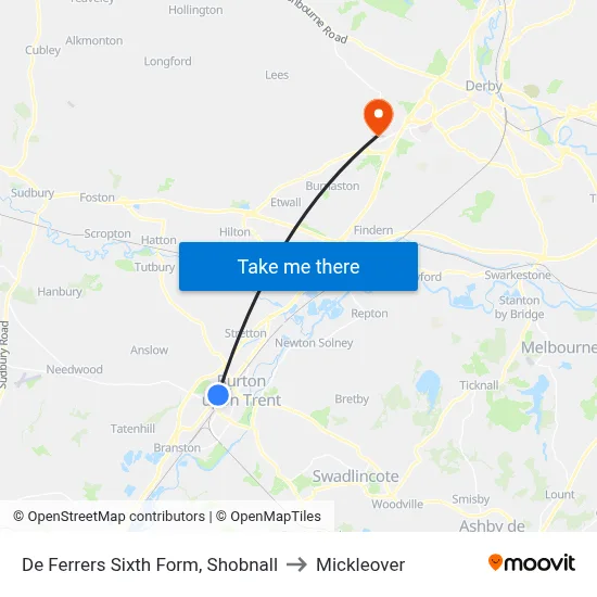 De Ferrers Sixth Form, Shobnall to Mickleover map