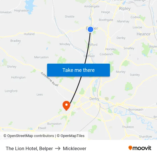 The Lion Hotel, Belper to Mickleover map