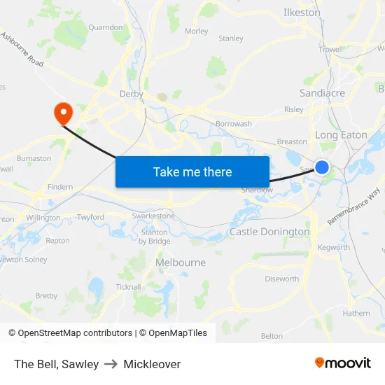 The Bell, Sawley to Mickleover map