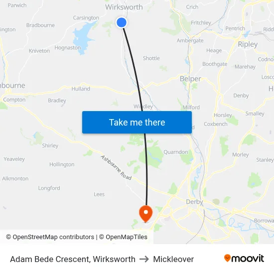 Adam Bede Crescent, Wirksworth to Mickleover map