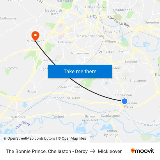The Bonnie Prince, Chellaston - Derby to Mickleover map
