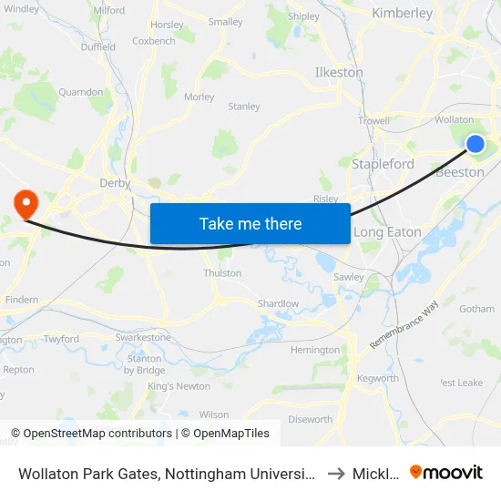 Wollaton Park Gates, Nottingham University Main Campus (Un12) to Mickleover map