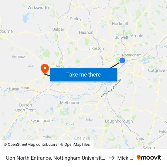 Uon North Entrance, Nottingham University Main Campus (Un14) to Mickleover map