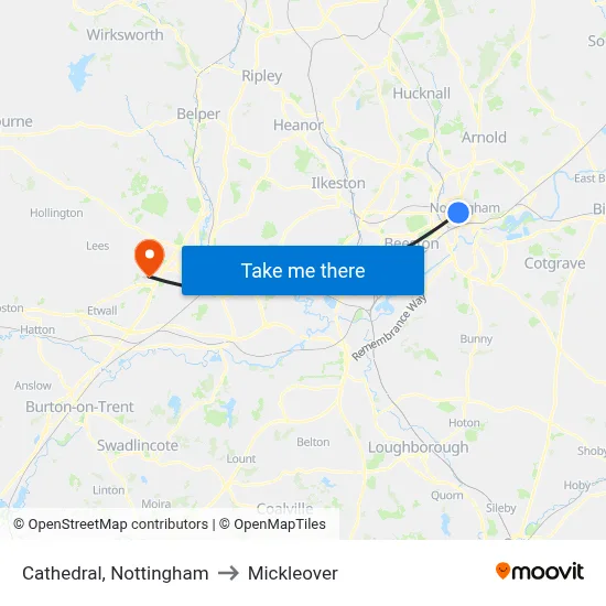 Cathedral, Nottingham to Mickleover map