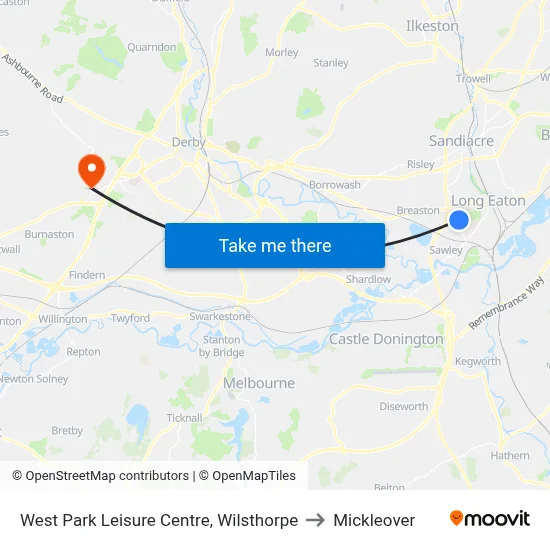 West Park Leisure Centre, Wilsthorpe to Mickleover map