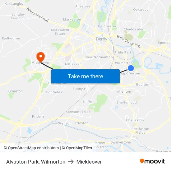 Alvaston Park, Wilmorton to Mickleover map